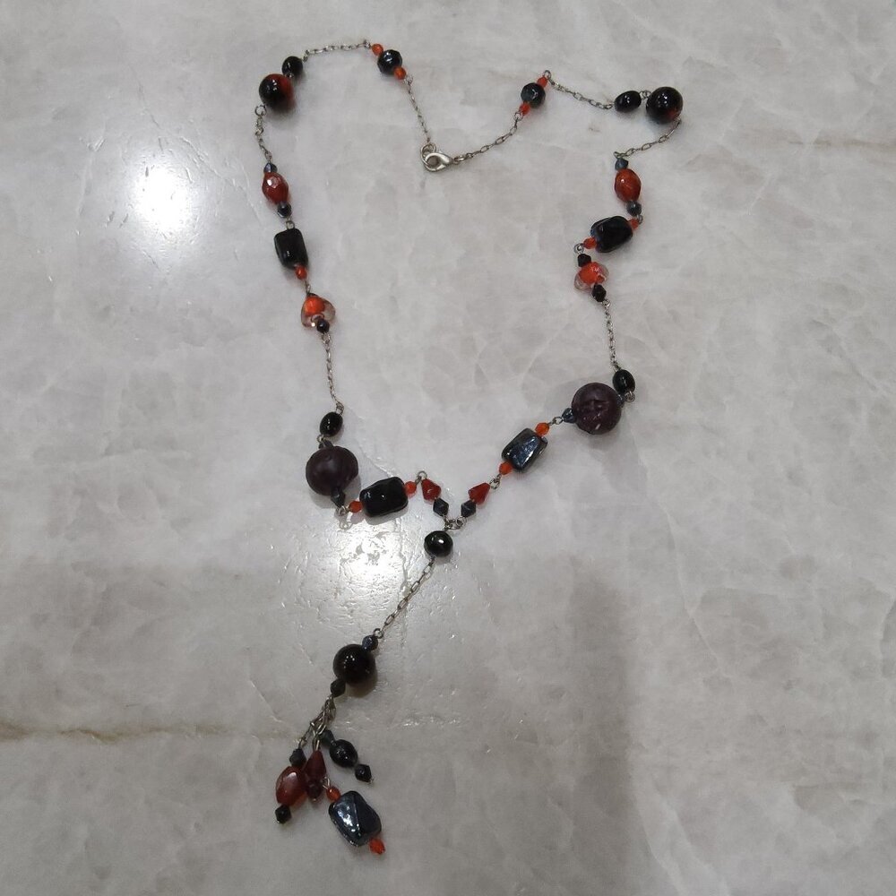 Beaded Chain Necklace with Pendant Maroon Orange